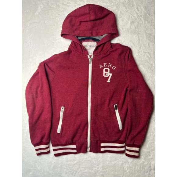 Aeropostale Other - Aeropostale Mens Full Zip Hoodie Burgundy Red Aero 87 Varsity Striped Sweatshirt